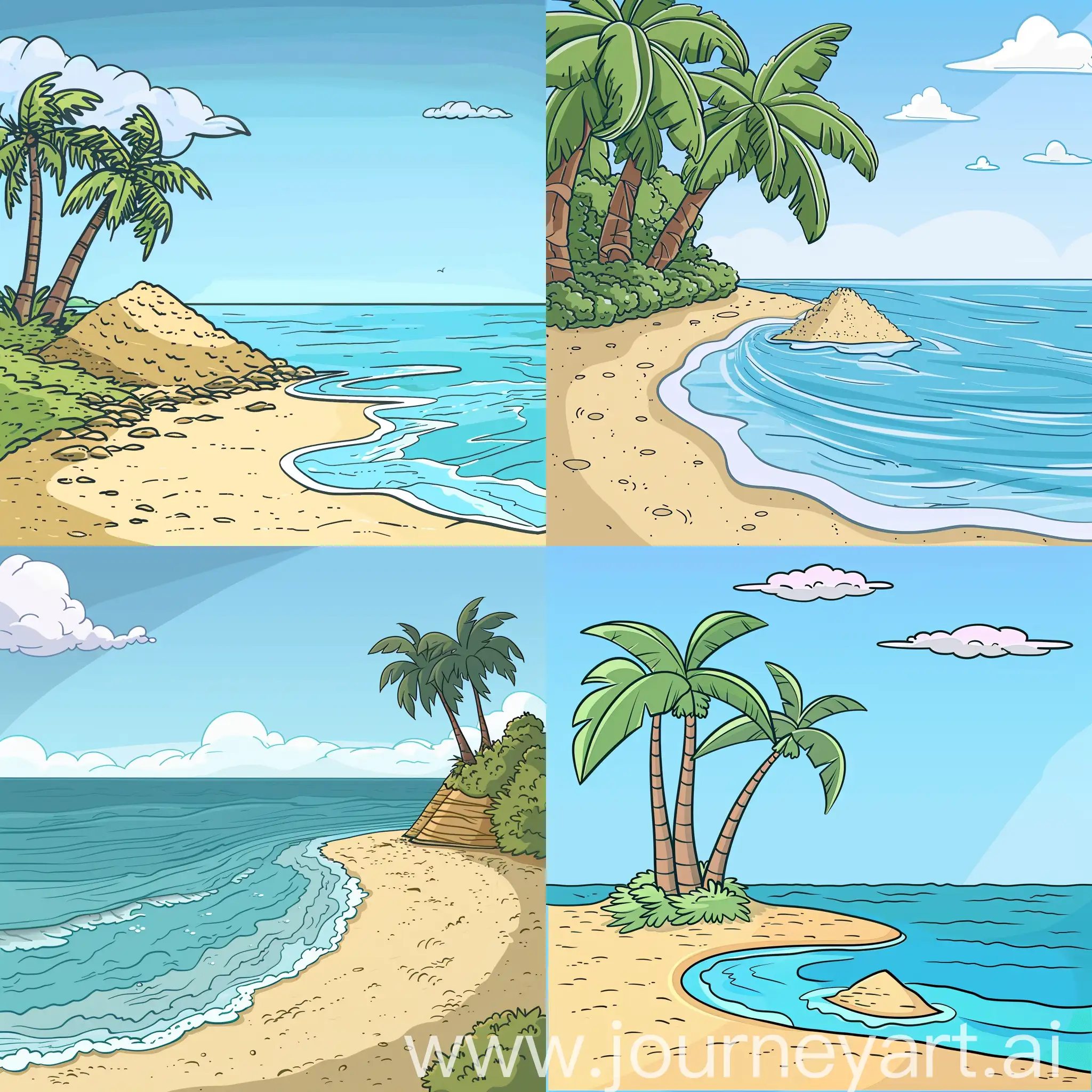 Cartoon-Beach-Landscape-with-Palm-Trees-and-Sand-Mound