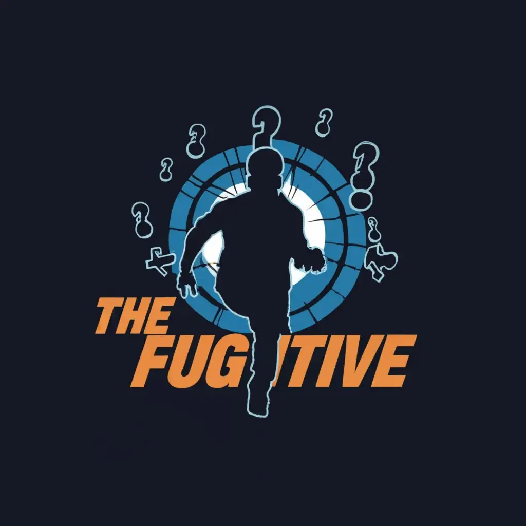 a logo design,with the text "The Fugitive", main symbol:silhouette of man running from police, red & blue police lights, lots of question marks,Moderate,clear background