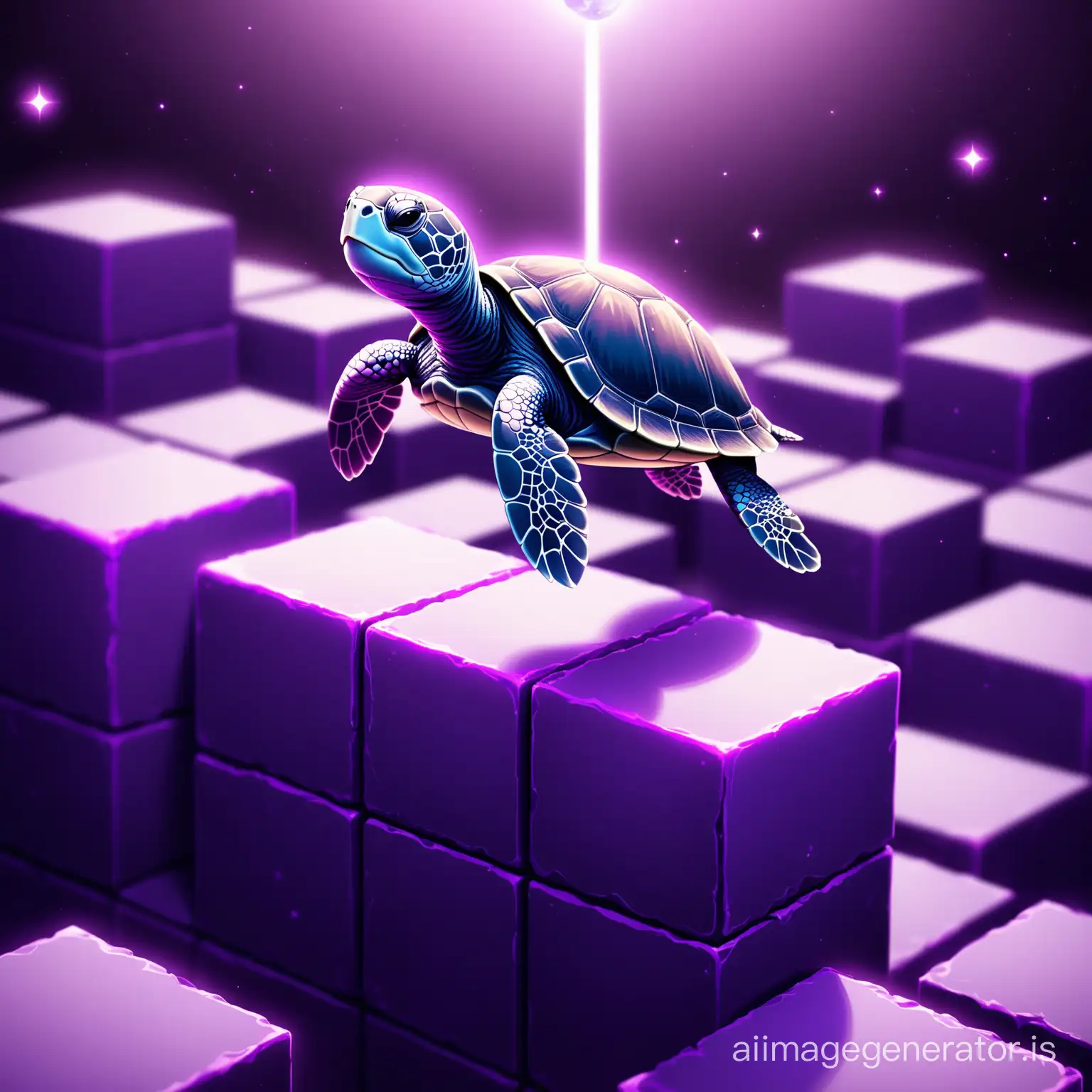 Adorable Flying Turtle on Detailed Purple Block Earth | AI Image Generator