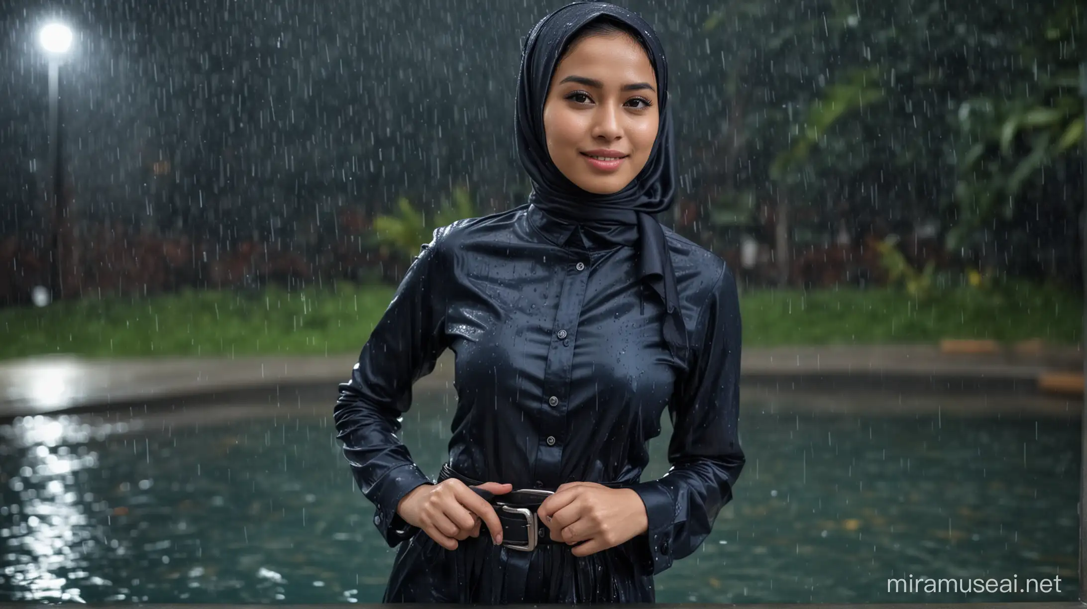 25 years old woman, indonesian, hijab, tight fit long sleeves buttoned navy-blue satin shirt, black long pants with belt, heavy downpour rain, swimming fully clothed, dripping wet, get wet, poolside, smirk, at night, low light, close-up portrait