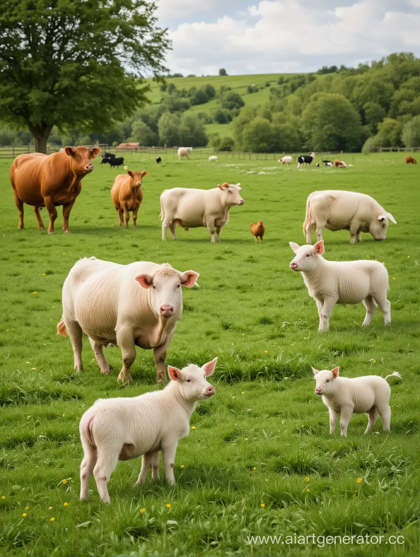Курицы и свинья на зеленом поле , сзади корова и барашки