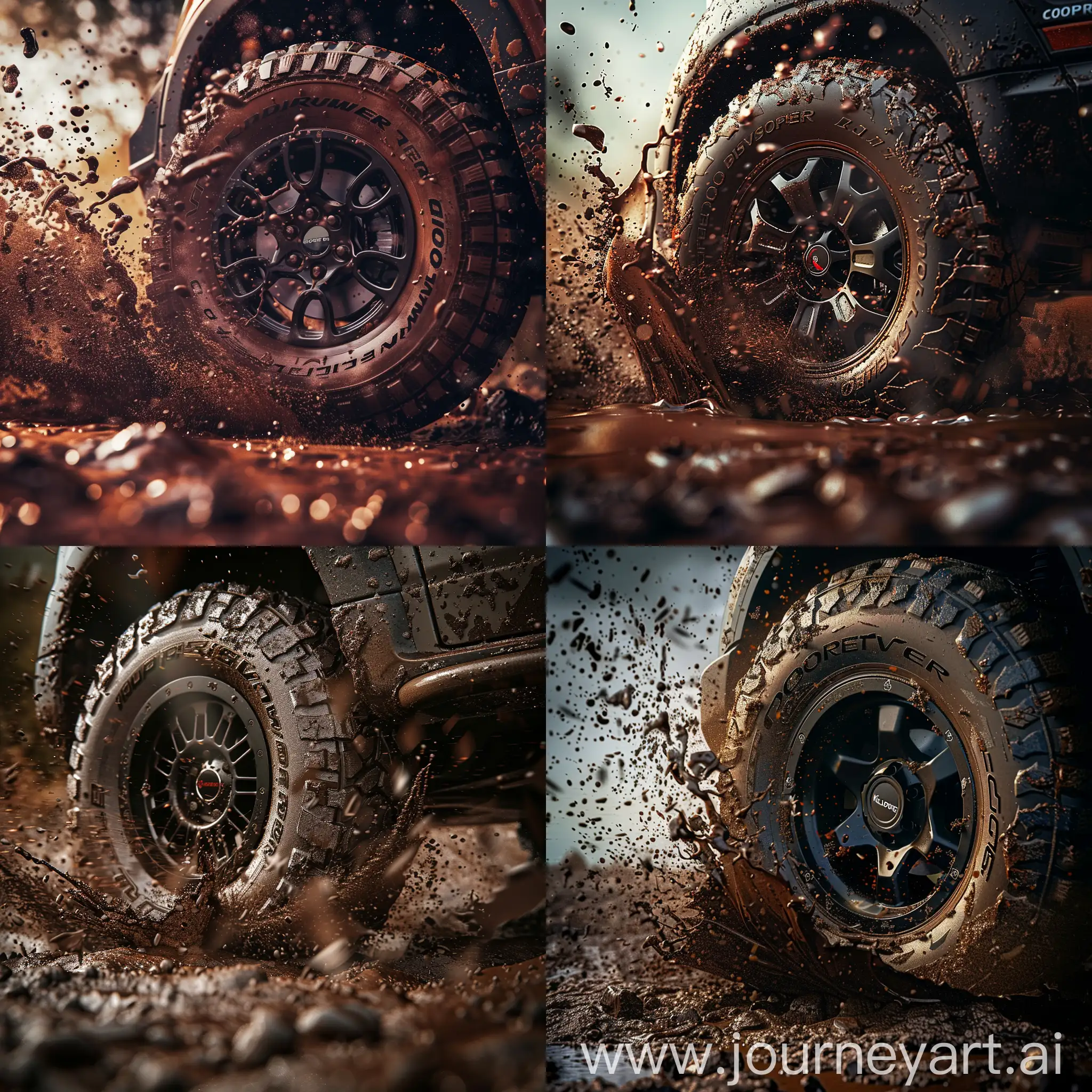 Create close up photo of a COOPER DISCOVERER AT3 tire with BLACK RHINO KELSO MATTE BLACK rim rolling in mud with mud splashing in photorealistic style with cinematic lighting