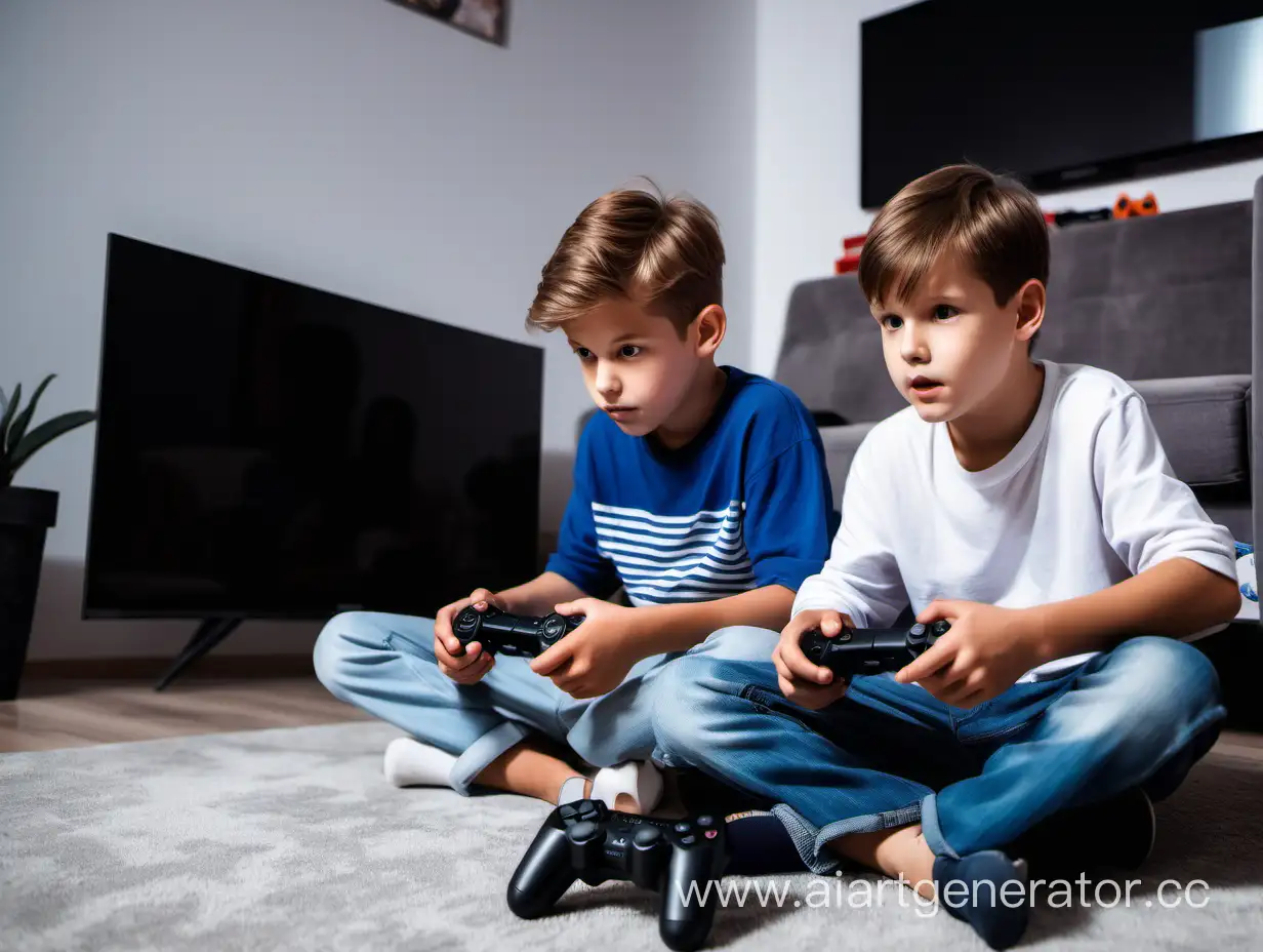 in a beautiful room, two boys are sitting on the floor and playing Sony PlayStation in front of them there is a large TV