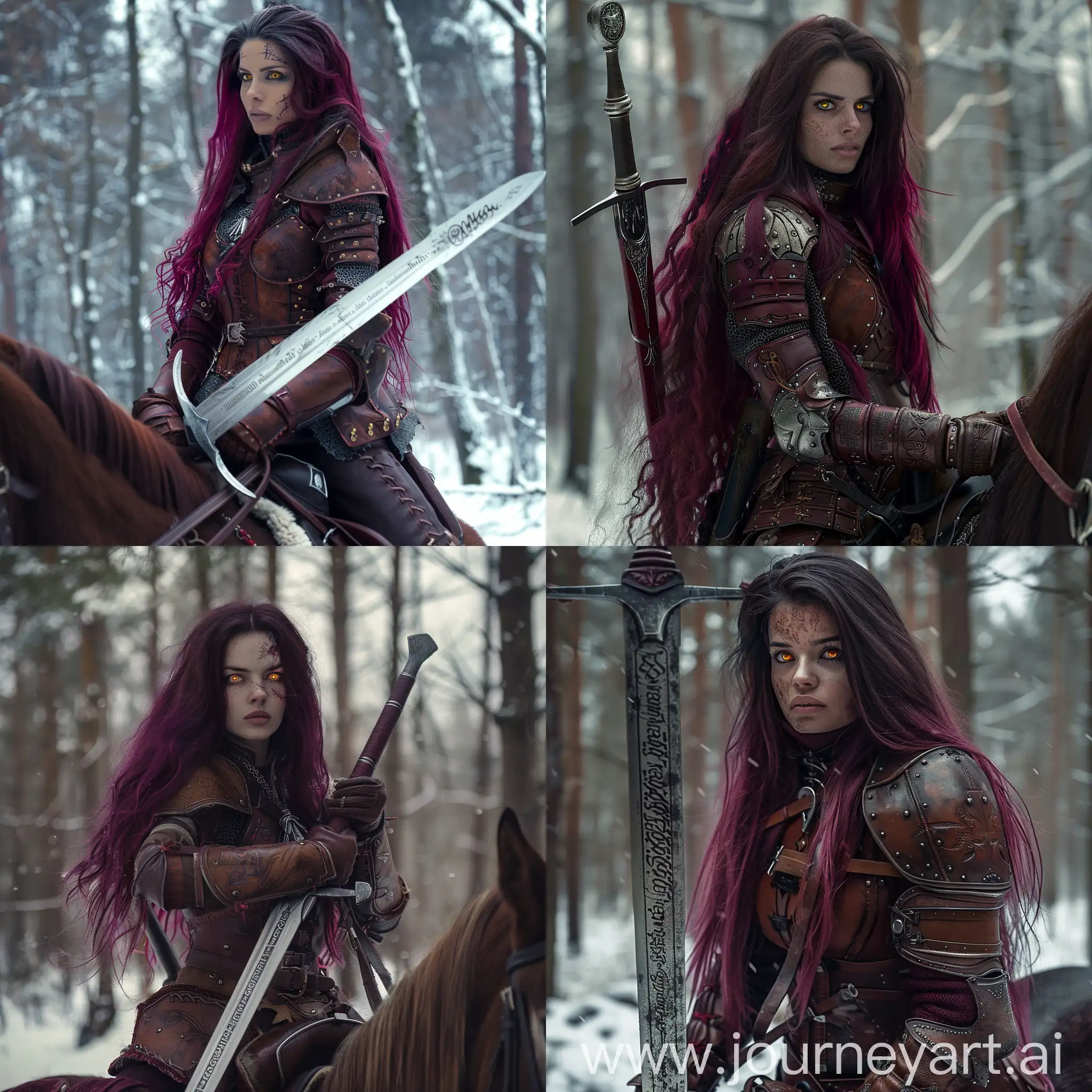 a photographic image of an intimidating woman witcher with dark pink long hair and honey cat eyes. She is tall, strong and with little scars.She is riding a horse. She is 29 years old ferocious soldier dressing in medieval armour red and brown colours holding a long silver sword with inscriptions. As photographed by Josselin Cornillon-Maillard in a winter forest background