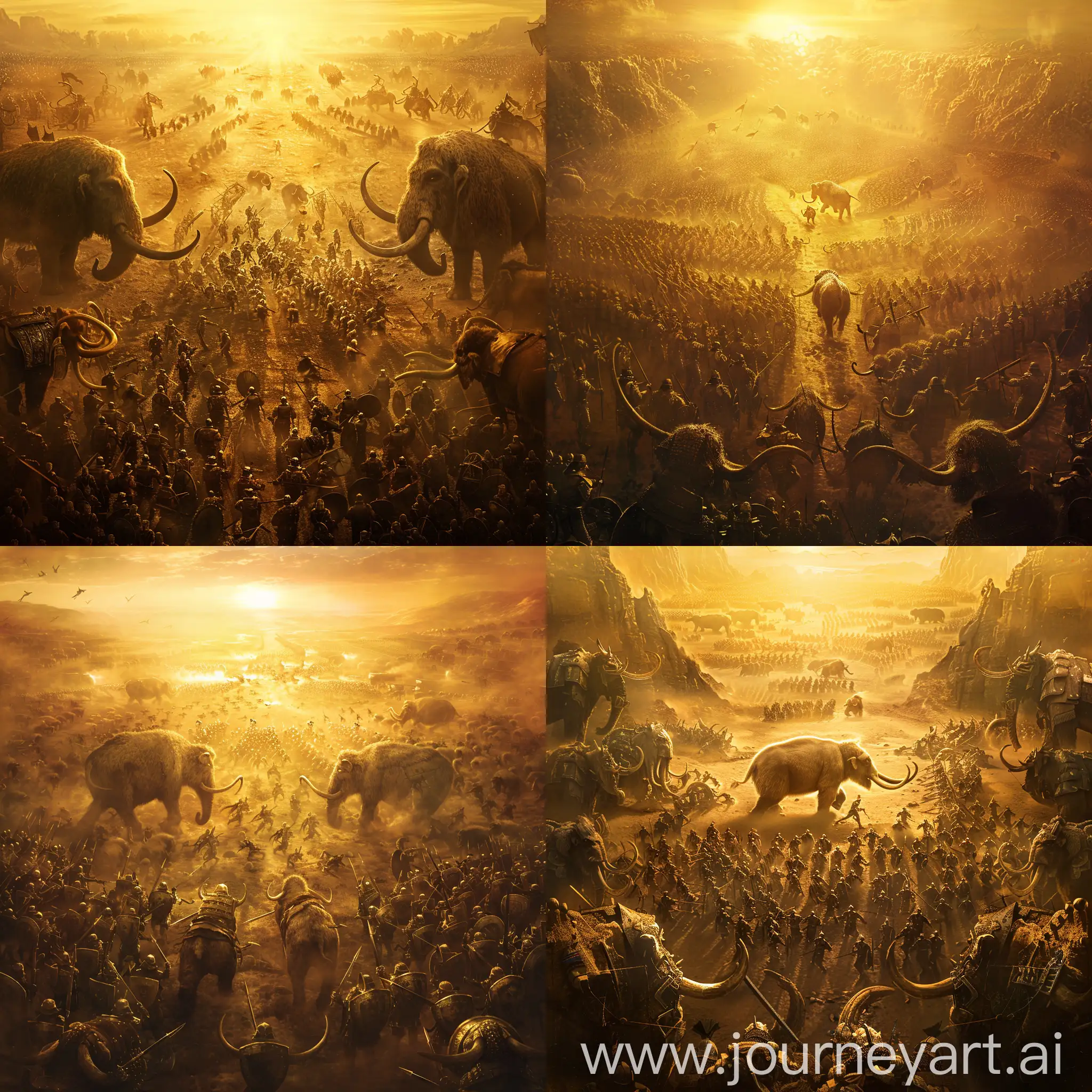 A vast battlefield bathed in the golden light of dawn, where two phalanxes of heavily armored soldiers clash, with woolly mammoths charging through the center.