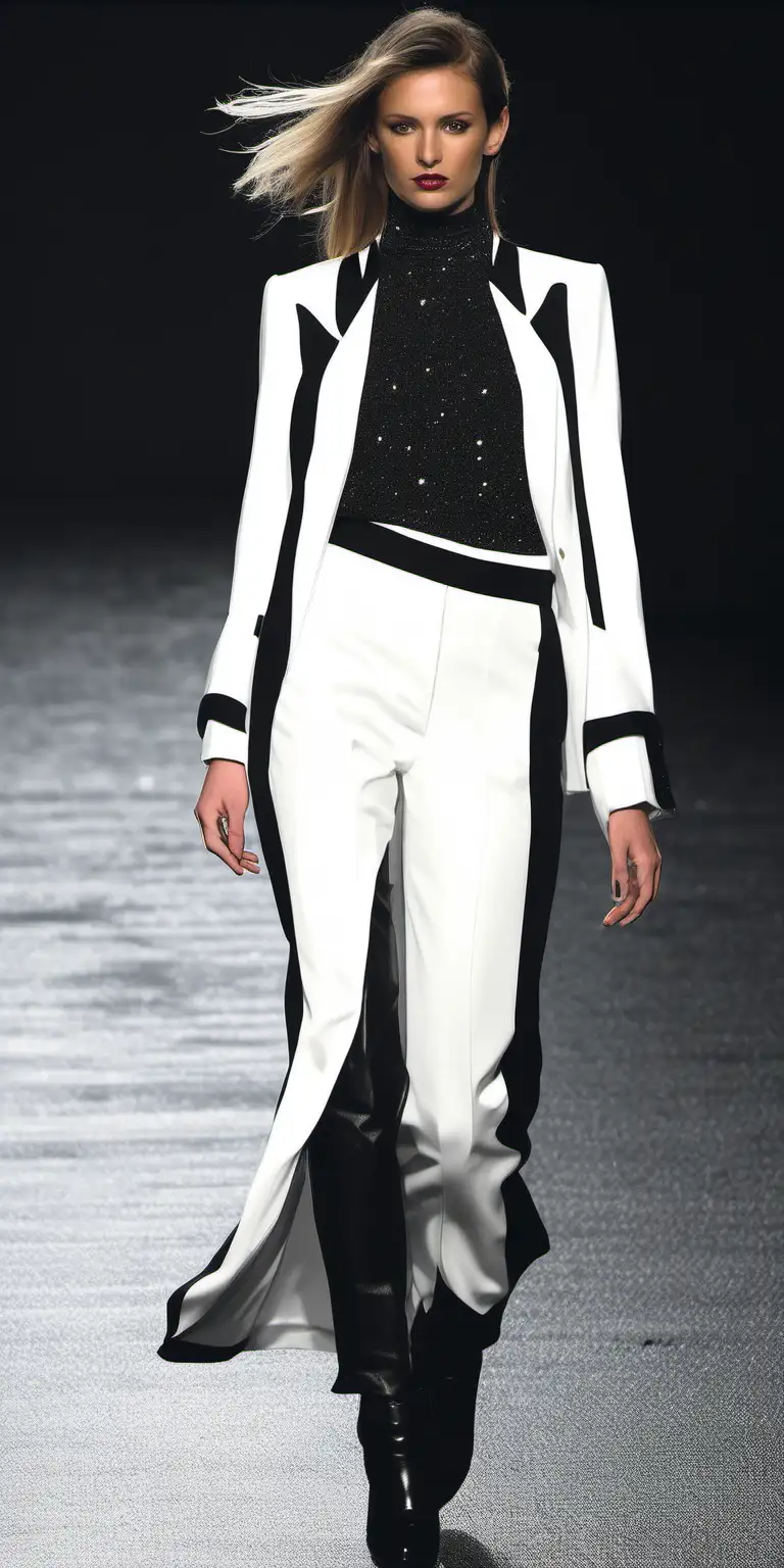fancy black and white outfit on dark runway