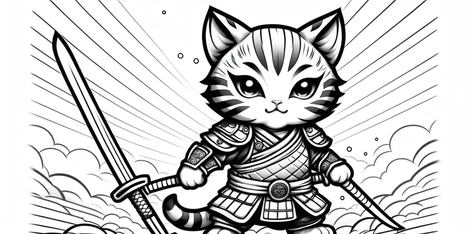 a kitten samurai in a hero pose with bold black lines for a coloring book