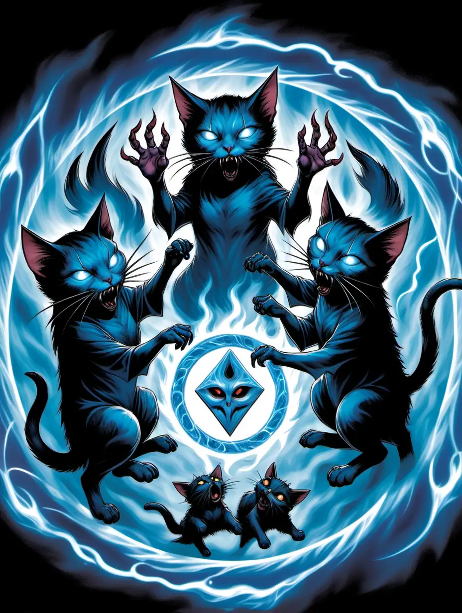 magic the gathering card with three cats forming a demonic circle to summon a blue flaming ghost mouse head
