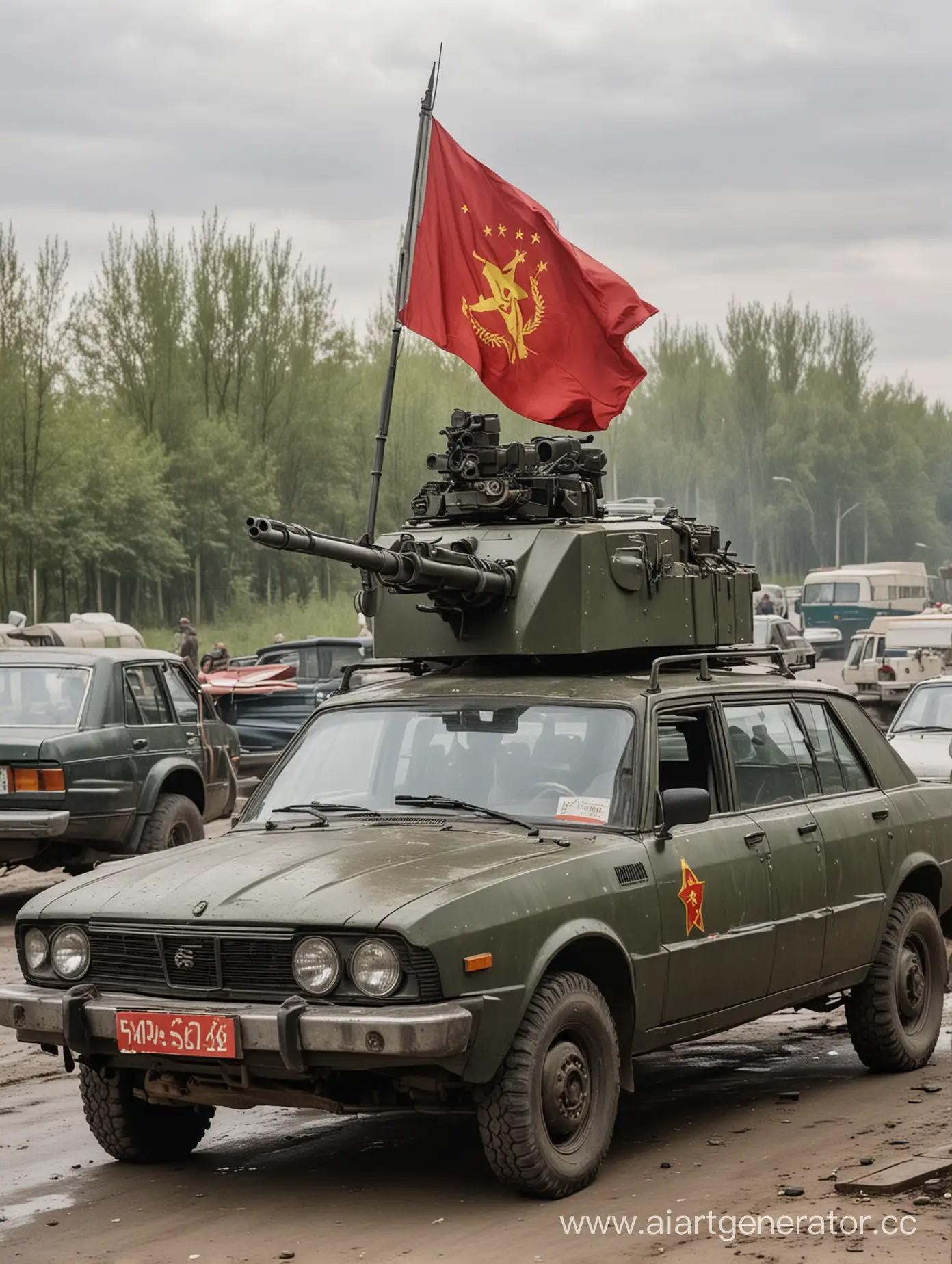 Машина седан с пулеметом на крыше, обшитая бронёй и с советским флагом