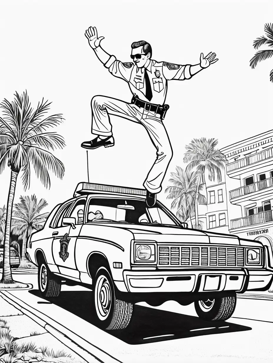 Man Dancing on Cop Car Florida Black and White Sketch Art