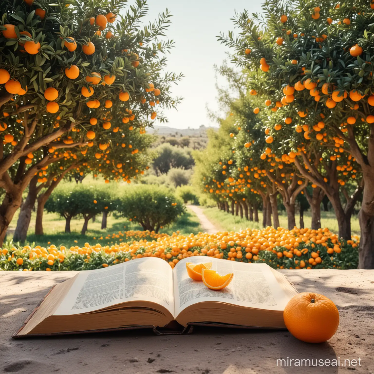 a single open book in the foreground, surrounded by oranges, with orange trees in the background. lots of background space in the middle