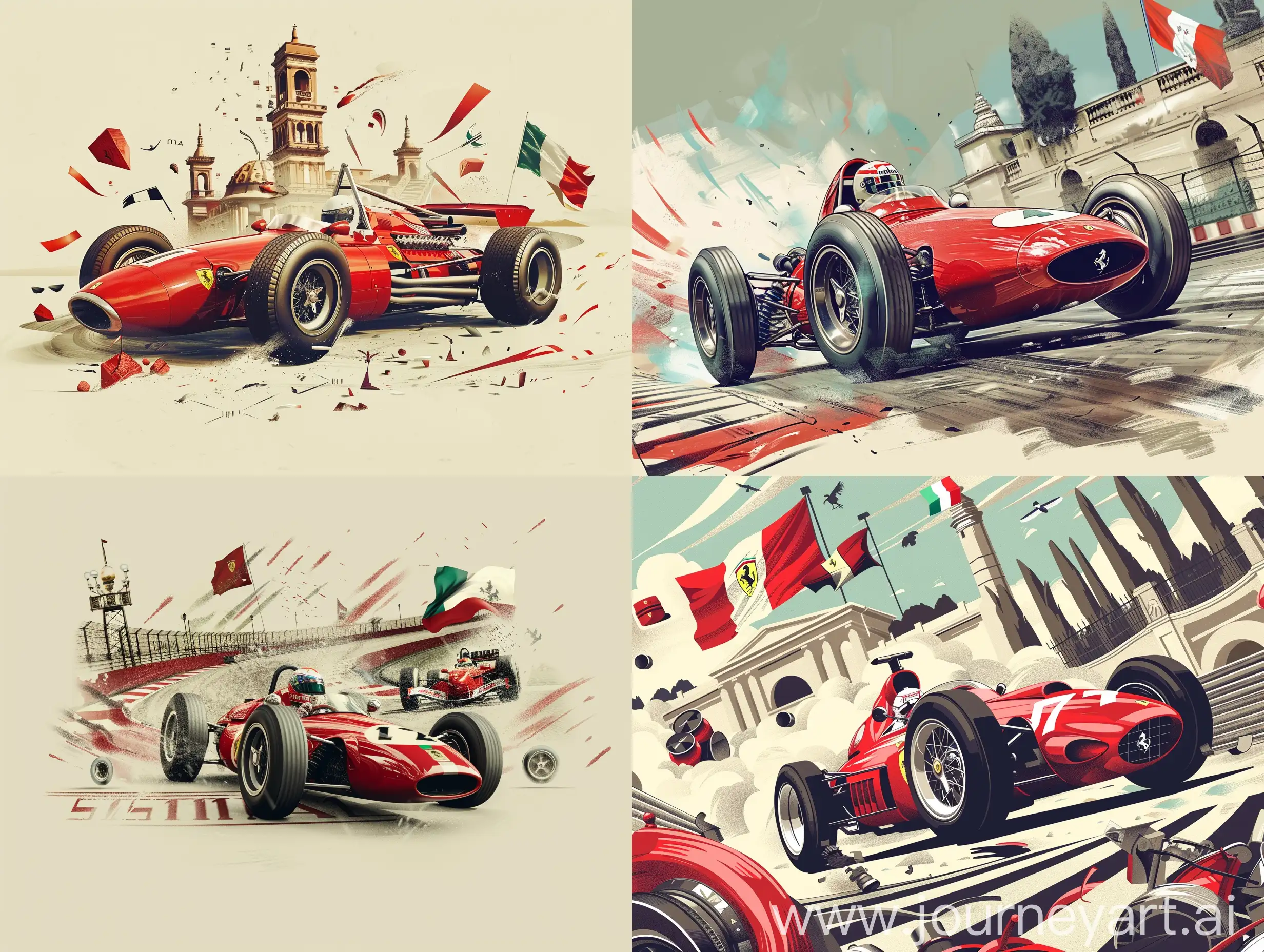 For capturing the essence of Ferrari and its storied history in Formula 1, envisioning an image that embodies their iconic red racing cars, the passion, speed, and innovation that Ferrari represents would be the goal. We can think of a scene that might include elements like a vintage or modern Ferrari F1 car, perhaps with hints of the Italian flag, racing on a historic track, or surrounded by symbols of its numerous victories and contributions to motorsport.