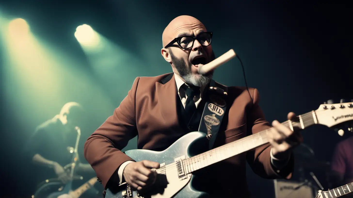 harry hill, clear facial features, black glasses,  beard, playing guitar in a rock band, retro look, Cinematic, 35mm, 28mm lens, f1.8, accent lighting, global illumination, -uplight - v5.2 - q2