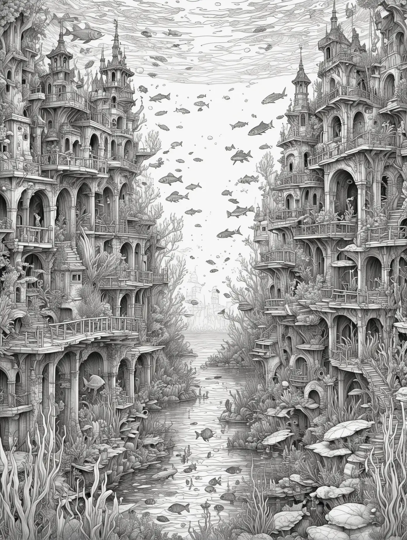 Bitte erstelle eine Malbuchseite für Erwachsene zum Thema "Unterwasserwelten - versunkene Stadt", white background