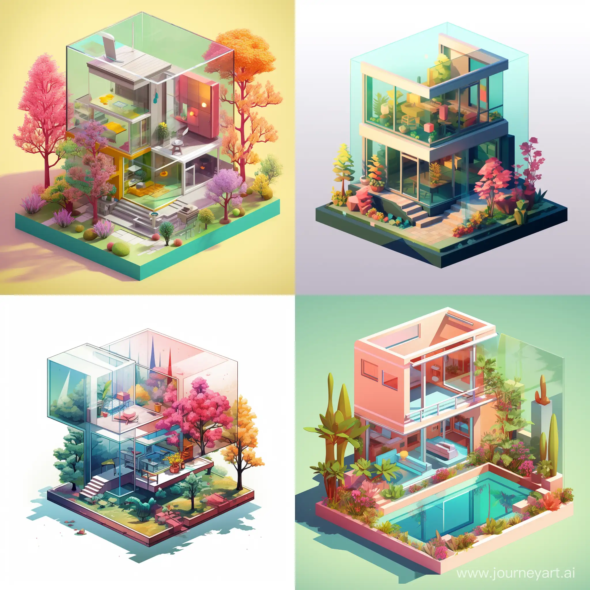 Isometric art of a house, wall made of glass, bright spring color palette, aesthetic, minimal designJesus in the Garden of Eden