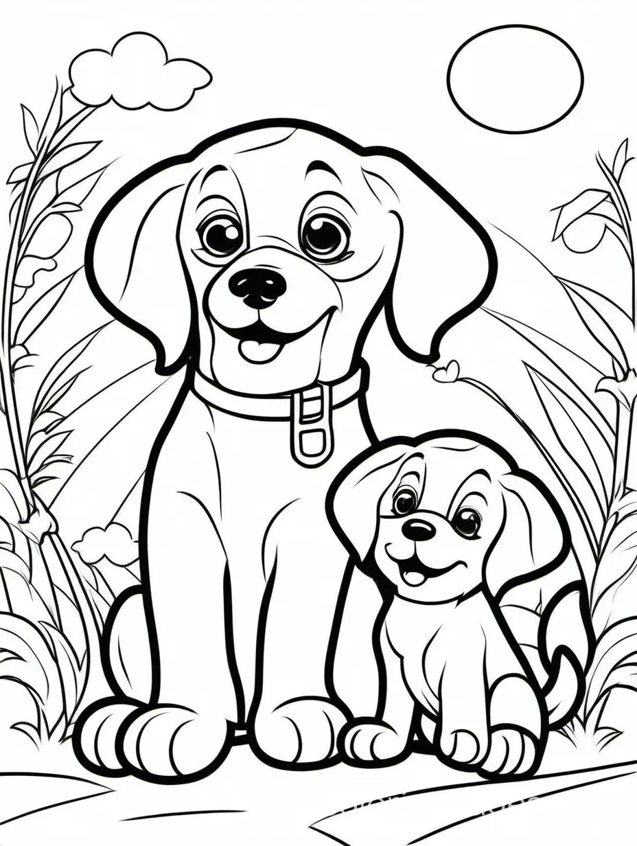 cute  Dog With  his Puppy for kids , Coloring Page, black and white, line art, white background, Simplicity, Ample White Space. The background of the coloring page is plain white to make it easy for young children to color within the lines. The outlines of all the subjects are easy to distinguish, making it simple for kids to color without too much difficulty