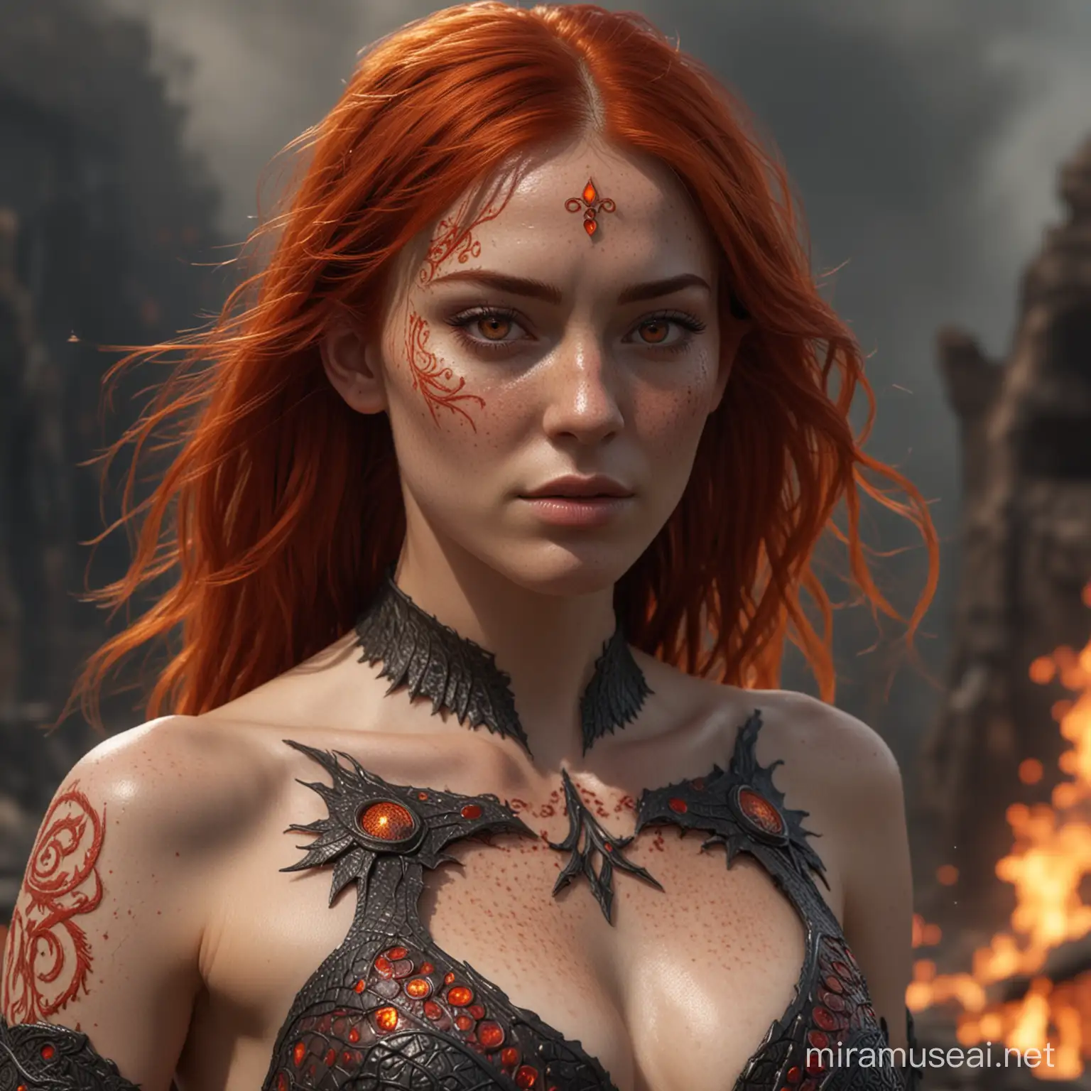 Fiery RedHaired Woman with Dragon Symbol Tattoos and Scale Top
