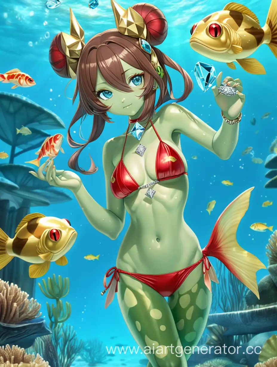 anime girl-amphibian, with light green skin, underwater, in red and golden bikini, with fish shaped ears, light blue eyes, dark brown double bun hair, holding a diamond