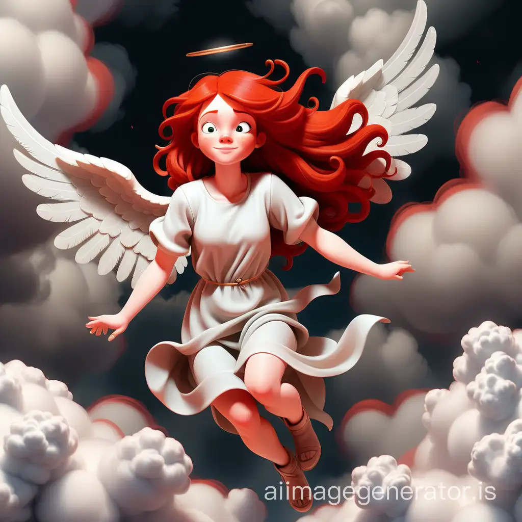 A red-haired angel flies in the clouds