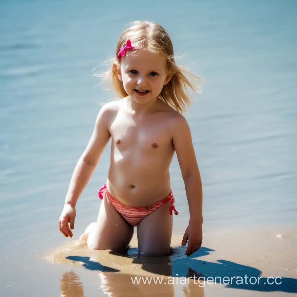 Small girl sunbathing on the beach wearing swimsuit