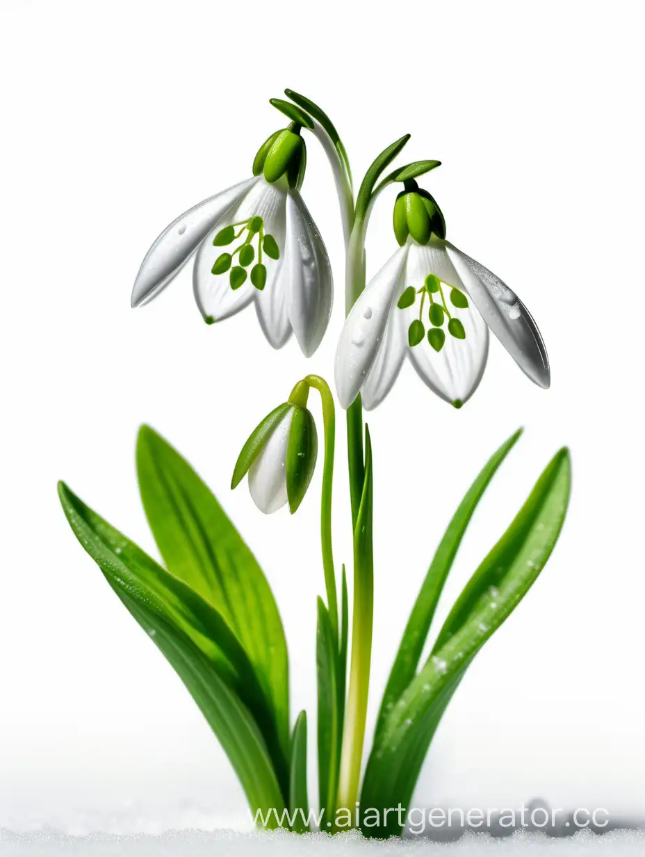 Vibrant-Snowdrop-Wild-Flower-Display-with-Fresh-Green-Leaves-on-White-Background