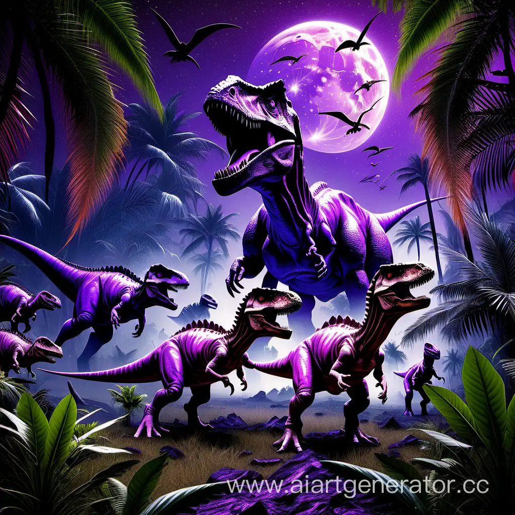 Prehistoric-Dinosaurs-Roaming-in-Jungle-Under-Purple-Meteorite-Sky