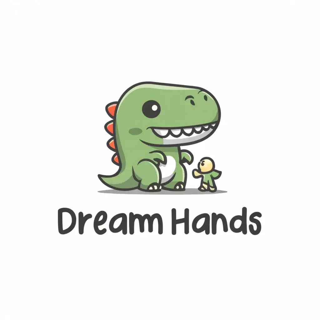 a logo design,with the text "Dream Hands", main symbol:chibi dinosaur holding a figure,Minimalistic,clear background