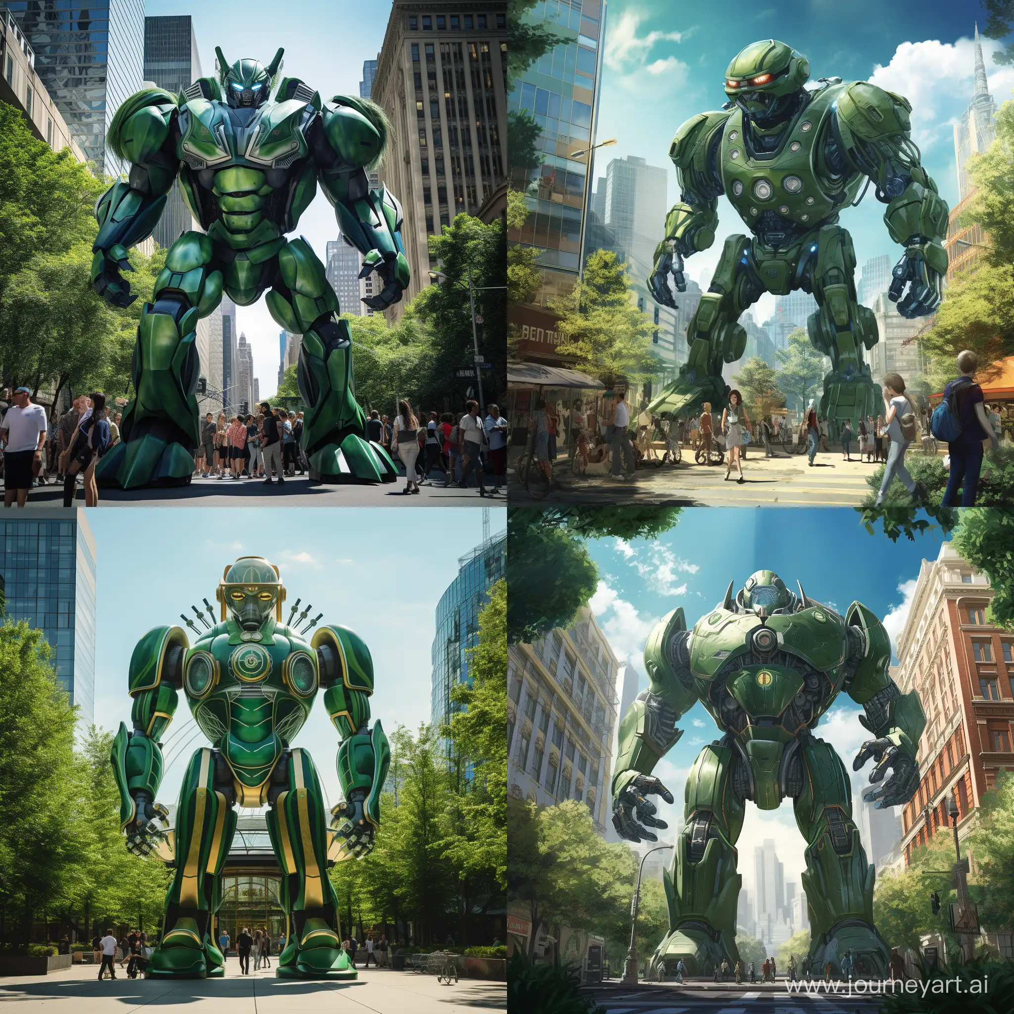 um robo gigante verde na cidade 