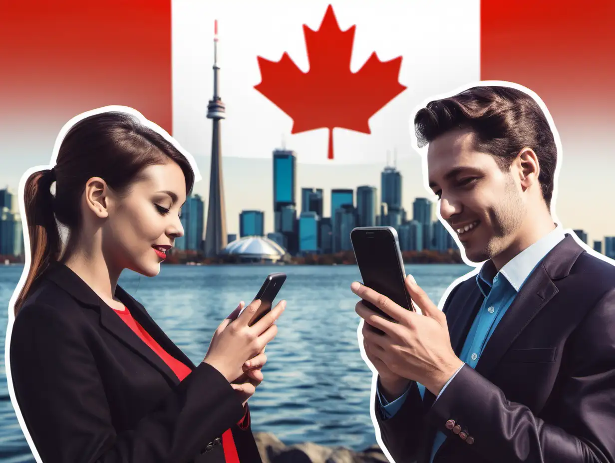 show two people using their mobile phones with the Toronto skyline and Canadian flag behind them in the background 