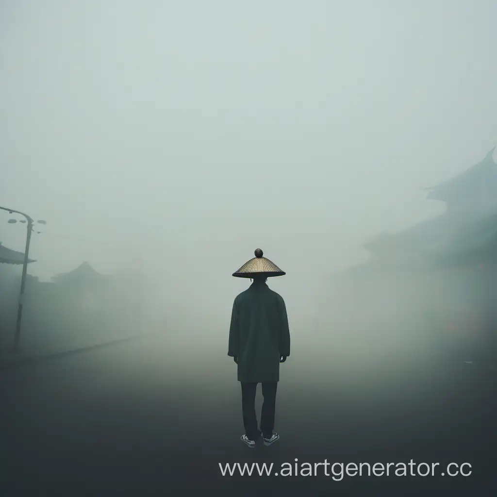 Mysterious-Figure-in-Douli-Hat-Amidst-Foggy-Ambiance