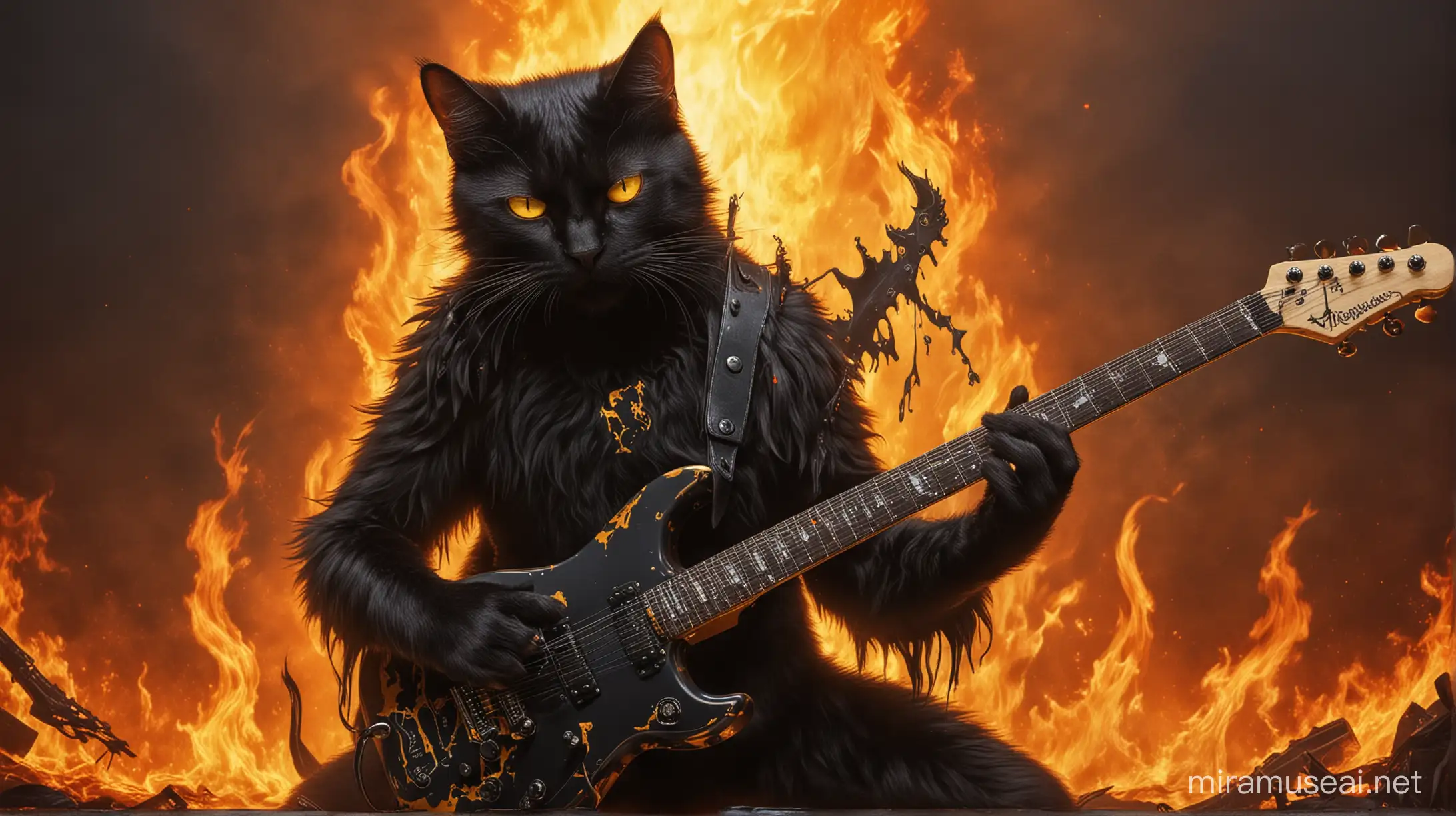 Sinister Black Cat with Electric Guitar Amidst Fiery Inferno