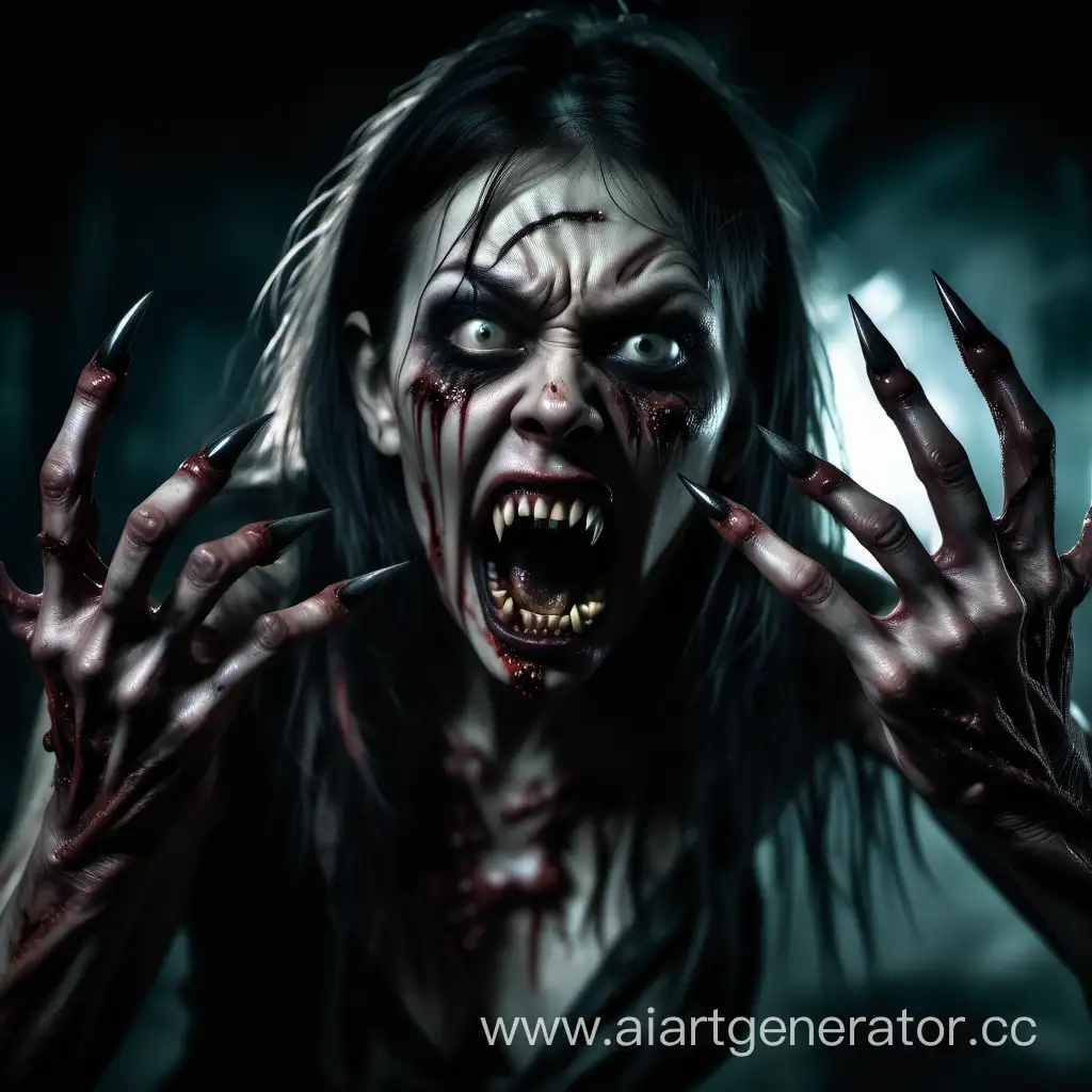 A horrifying nightmare scene of aggressive zombie woman with extra long curved pointed nails like beast claws on her two hands with five fingers, her mouth is open with pointed sharped teeth, resembling fangs, she attacks you, scene inside darkness