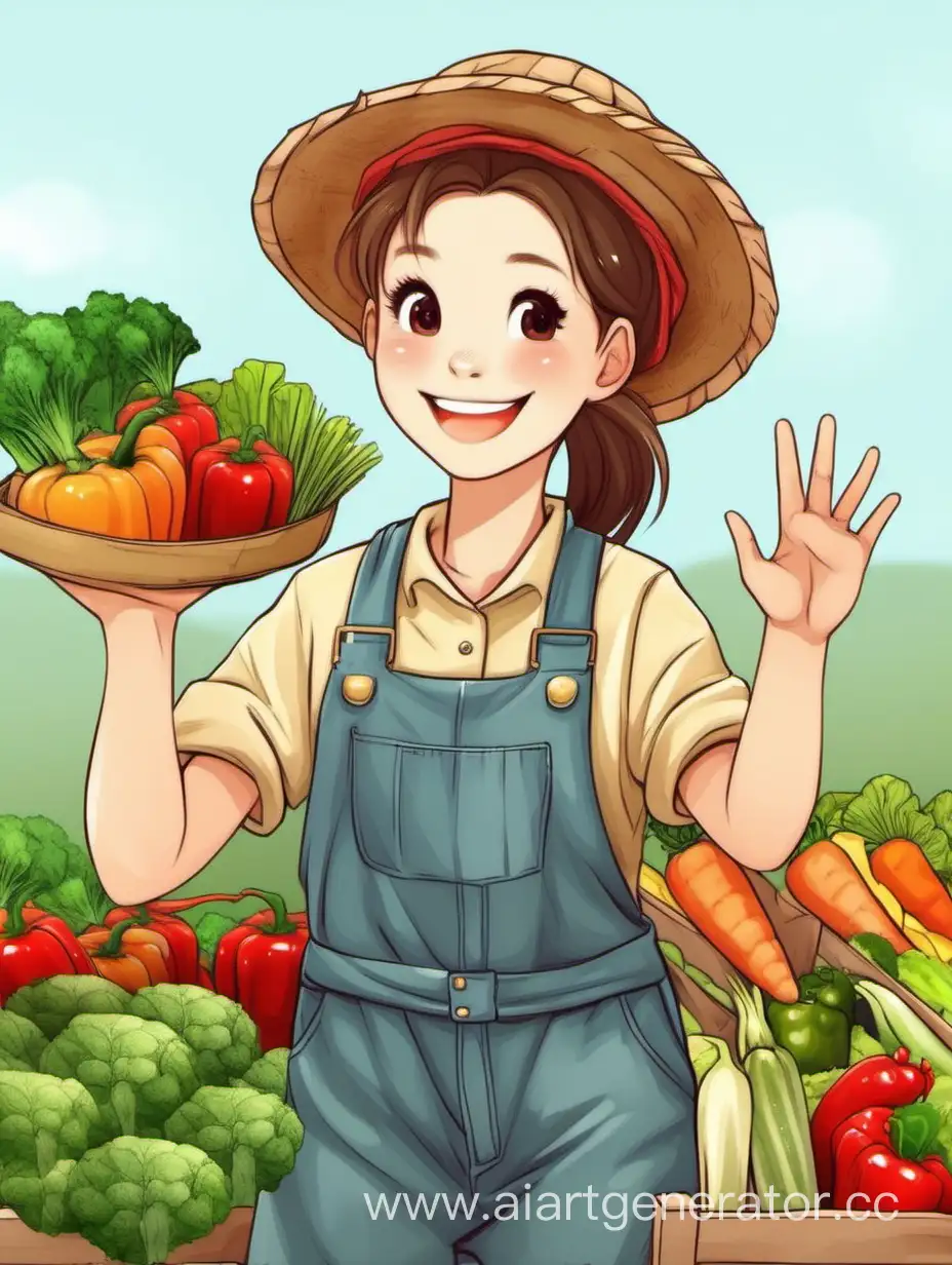 Счастливая девушка  в форме фермера без шляпы с хвостиком с овощами в руках машет рукой