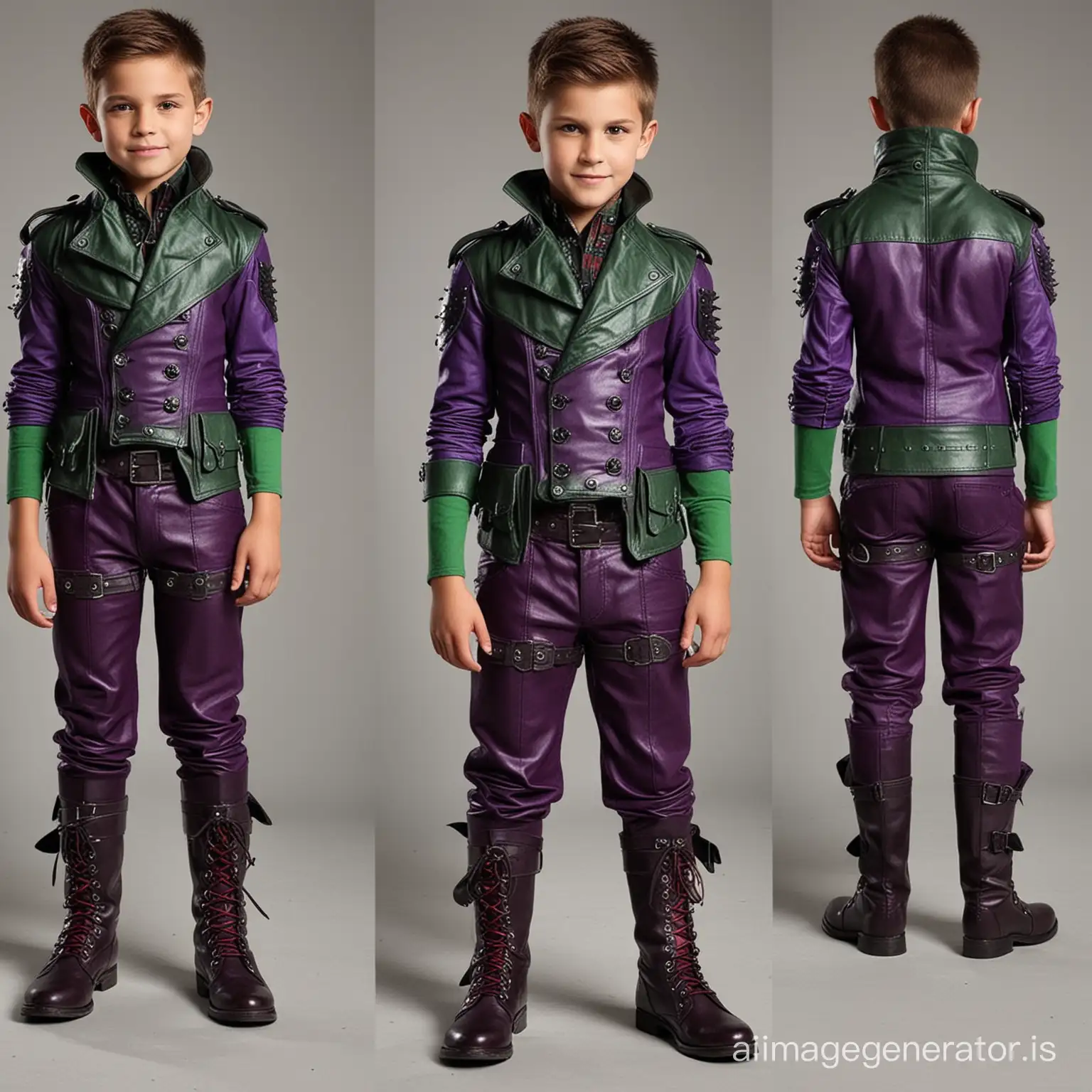 Create a villain outfit for a strong 8 year old boy villain with abs, cool, wicked, leather, shorts, comfortable yet intimidating, various shades of purple with hints of both green and red, both red and green should be included in every outfit but purple should be the main color, the boots should also be coloured and match the outfit