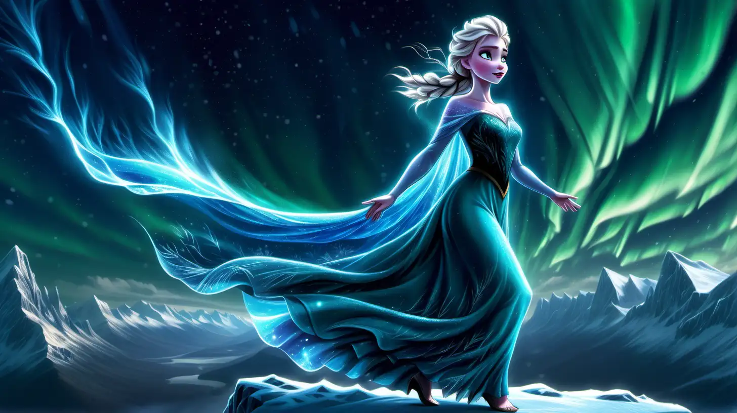 Elsa from the movie frozen, standing on a mountain top, under the aurora borealis, using her ice powers, long flowing light blue dress, hair blowing in the night breeze, extreme detailed digital art, dramatic lighting 