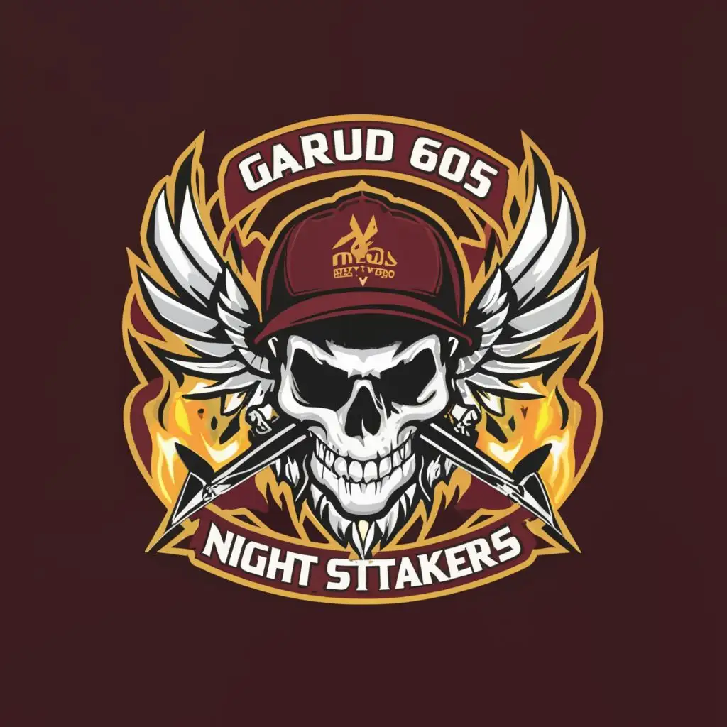 a logo design,with the text "GARUD 605  , NIGHT STALKERS", main symbol:skull wearing maroon special force cap, with daggers and wings and black background