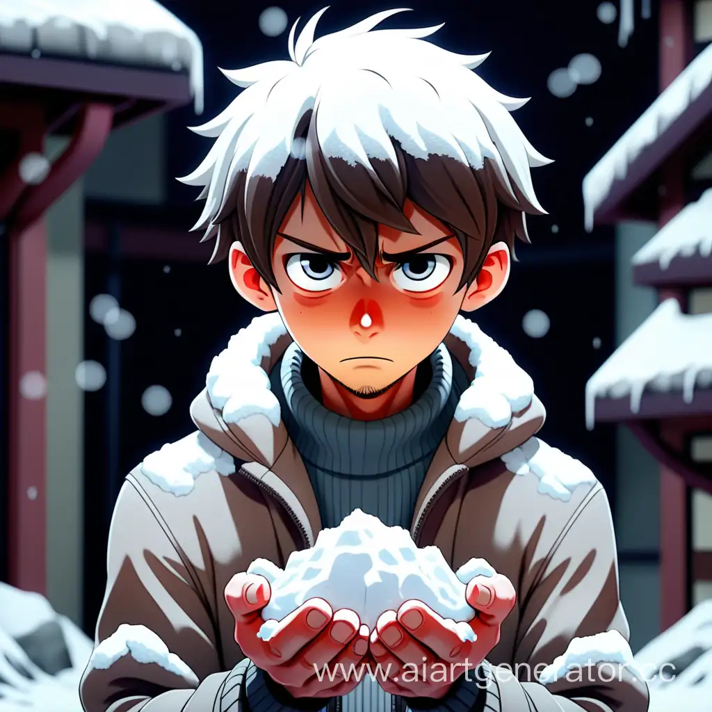грустный парень держит в руках снег в аниме 
