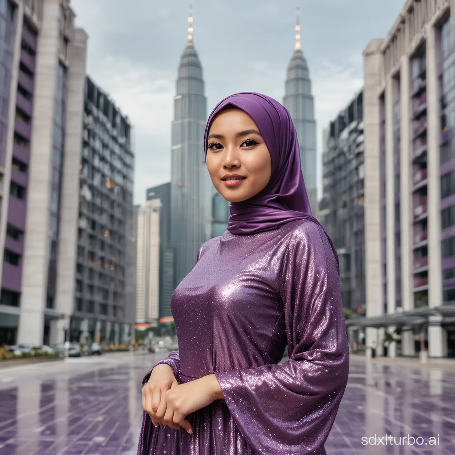 Portrait of an Asian woman, hijab, in a luxurious purple Shimmer dress, standing in the twin buildings of Malaysia