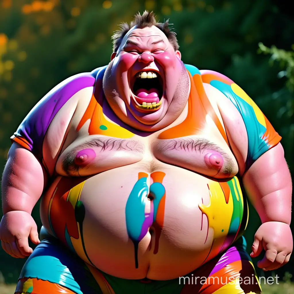 Joyful Fat Man Laughing in Colorful Wilderness