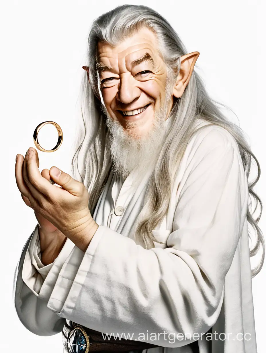 Sir Ian Murray McKellen, Gandalf from The Lord of the Rings, in white clothes, smiles and holds the One Ring in his hand, no background
