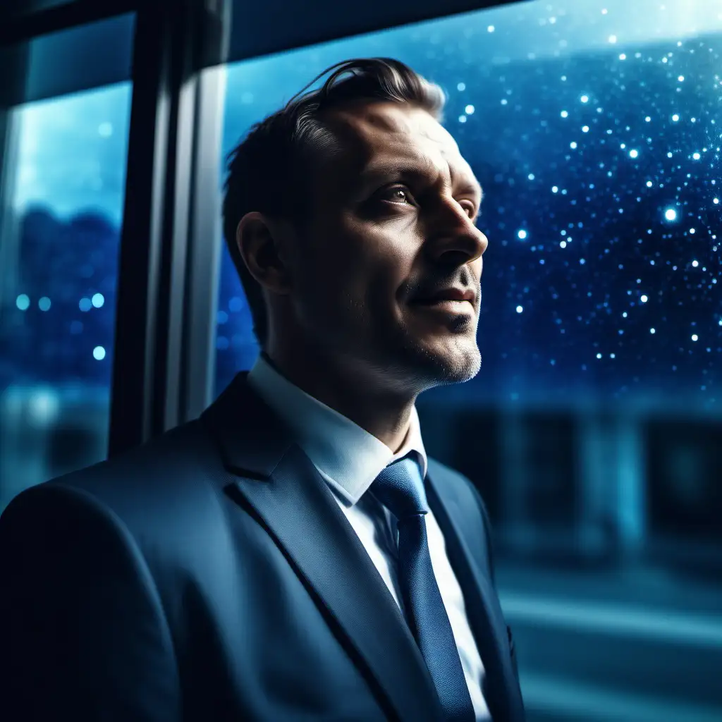 generate a film photo with reflection. of a an 40 year old man in a suit looking into the future. He is happy the future looks bright. window reflection. He is looking into a dark blue technological universe.
