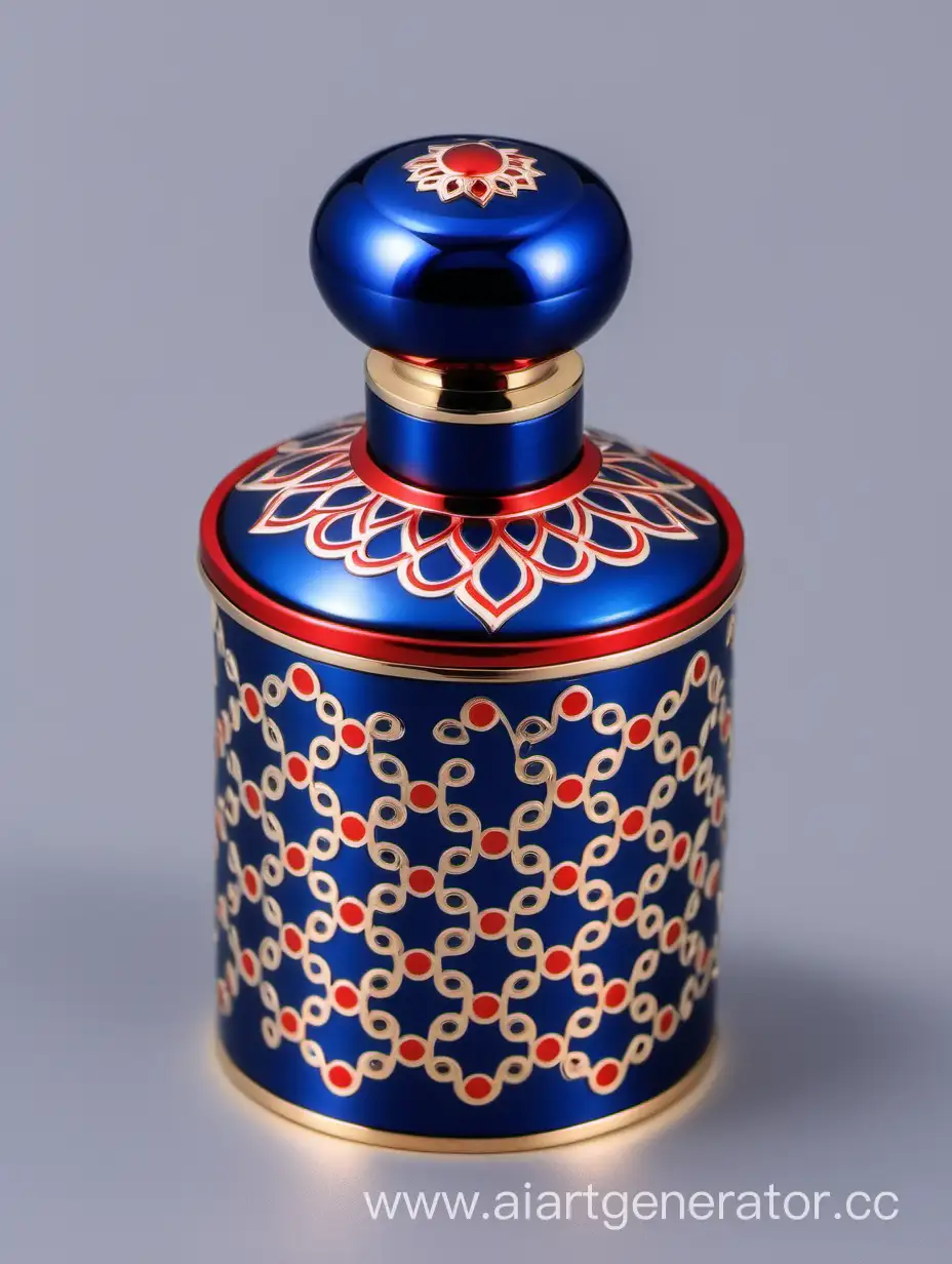 Shiny-Dark-Blue-Zamac-Perfume-Ornamental-Cap-with-Matt-Red-White-Border-Arabesque-Pattern-Design