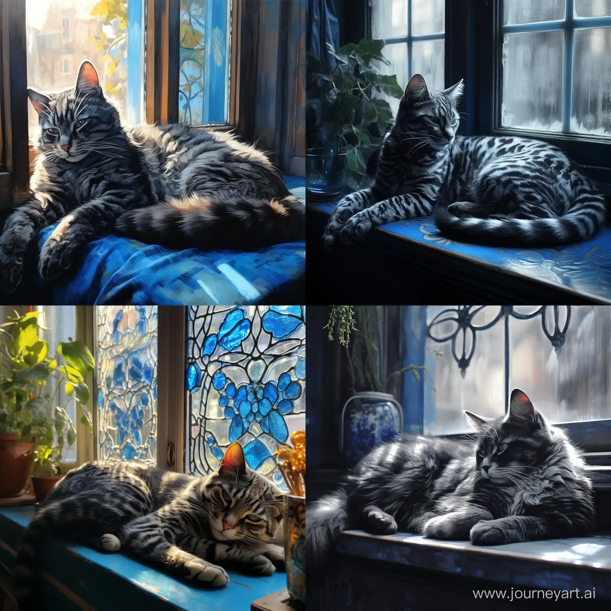 Relaxed-Blue-Cat-with-Intricate-Patterns-Resting-on-Sunlit-Windowsill