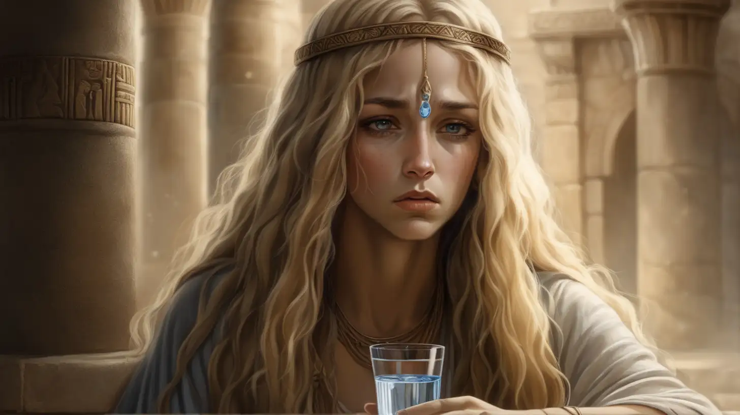 Beautiful Hebrew Woman Drinking Murky Water in Biblical Temple