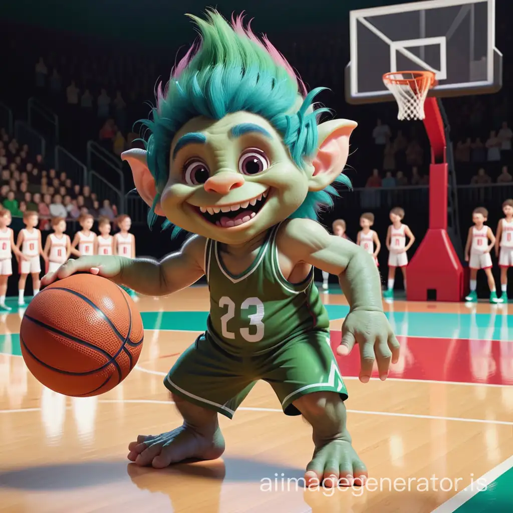 troll playing basketball, cute kids animation