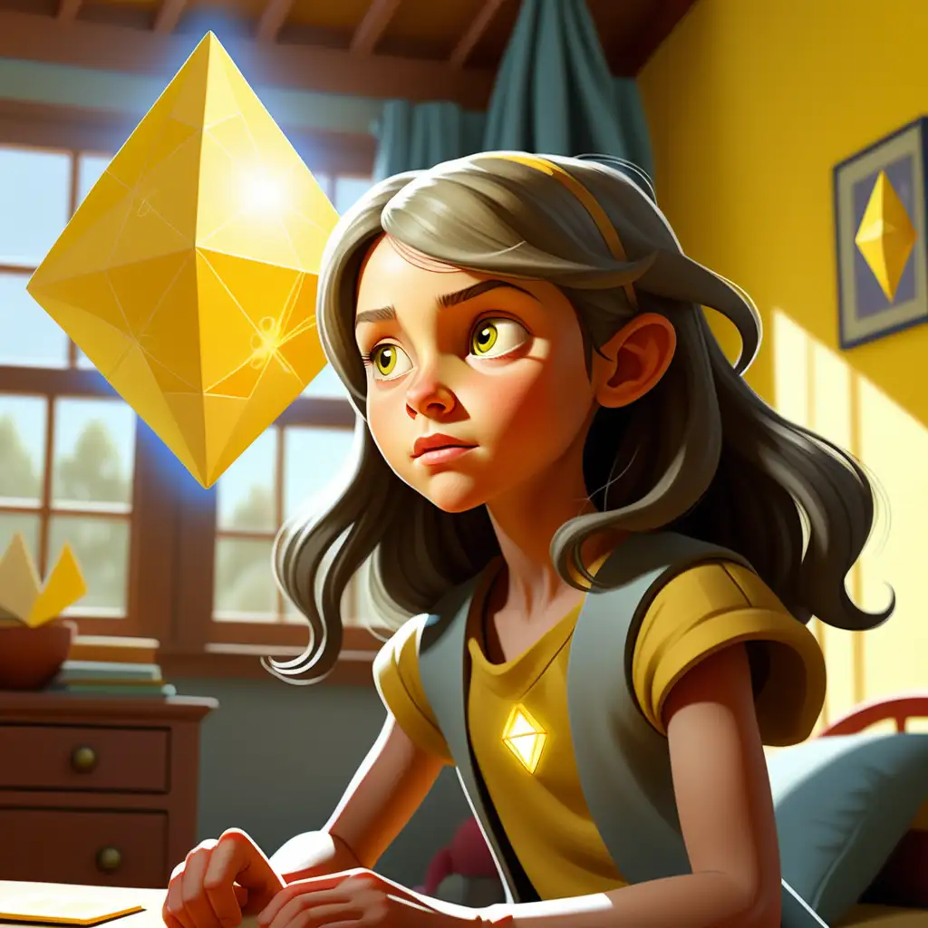 Enchanting 10YearOld Joslyn Arwen ReedLookalike with Yellow Octahedron in Sunlit Room