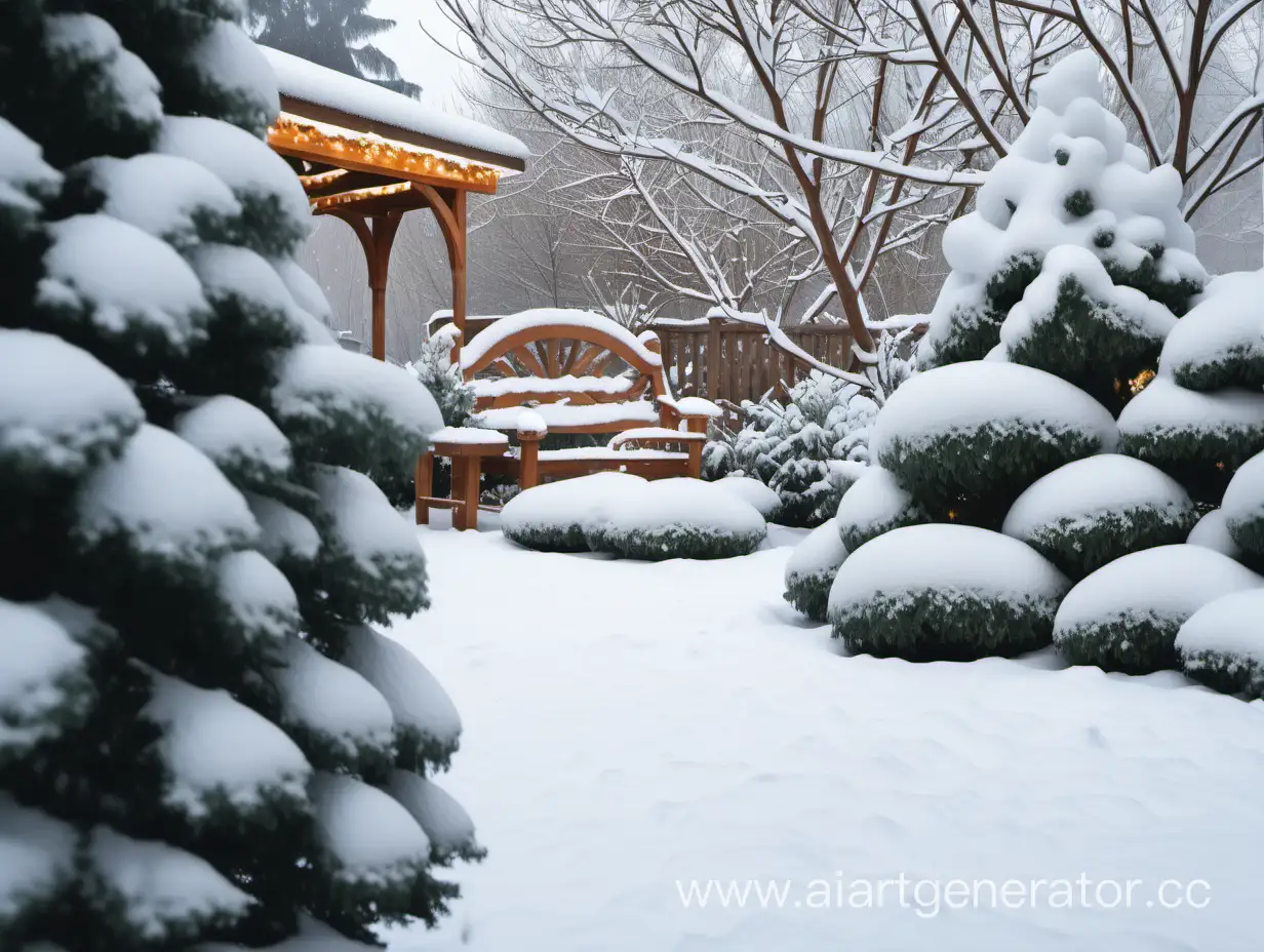 winter Christmas garden. in the frame, Christmas tree branches covered with snow