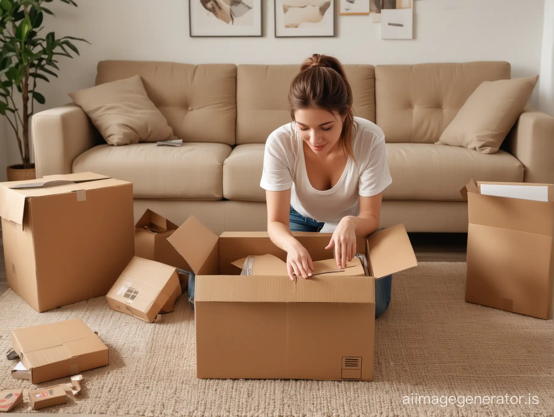 a beautiful lady opening a box, in her living room, few closed boxes are around her living room floor, seem like she just moved to the place, pay attention to the realistic details, super realistic details, super realistic hands details. 

