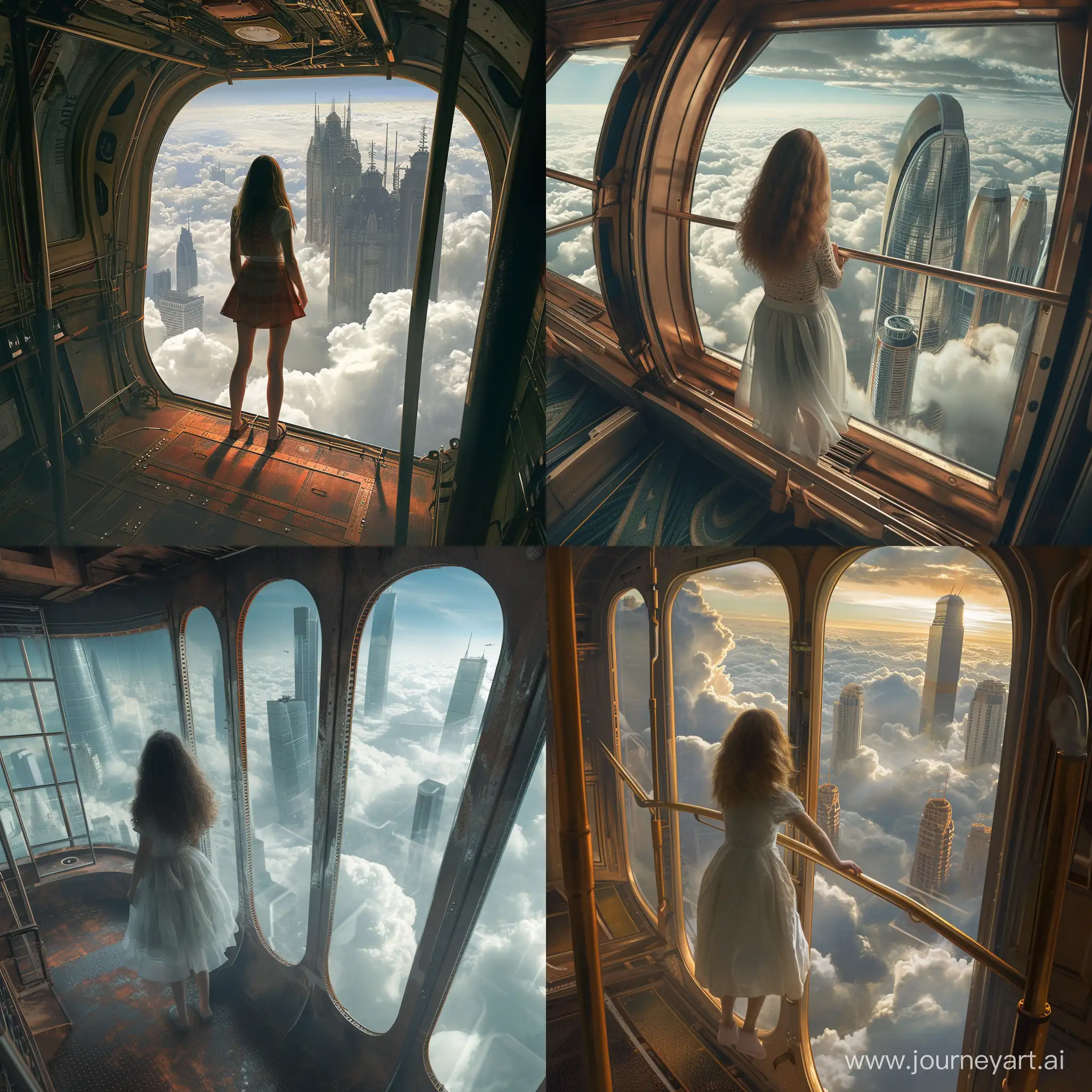 the girl rides standing in an old monorail that rises above the clouds and looks out the window, where the tops of skyscrapers made in the style of Soviet panel houses are visible