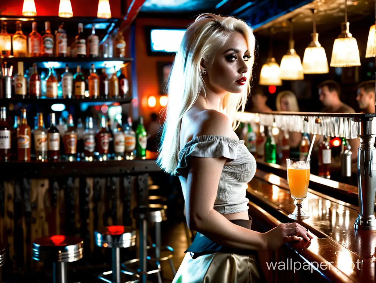 In the background is a dimly lit bar, lots of atmosphere. Standing at the bar is a beautiful platinum blonde woman wearing an off the shoulder top short skirt. She has a drink in her hand
